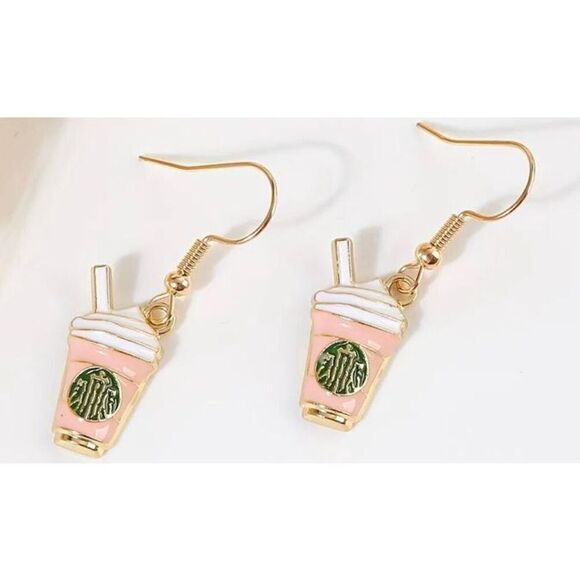 NWT Starbucks Coffee Frappuccino Light Pink Gold Toned Dangle Earrings - Picture 4 of 4